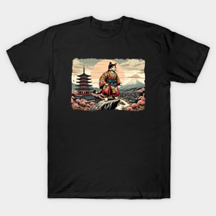 Vintage Japanese Art Sunset Mt. Fuji Rock Climbing Floral Cat T-Shirt